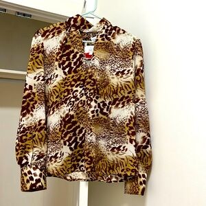 Stem & Vine Large Size Cheetah Print Blouse with Balloon Long Sleeves NWT